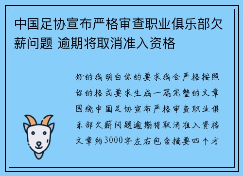 中国足协宣布严格审查职业俱乐部欠薪问题 逾期将取消准入资格